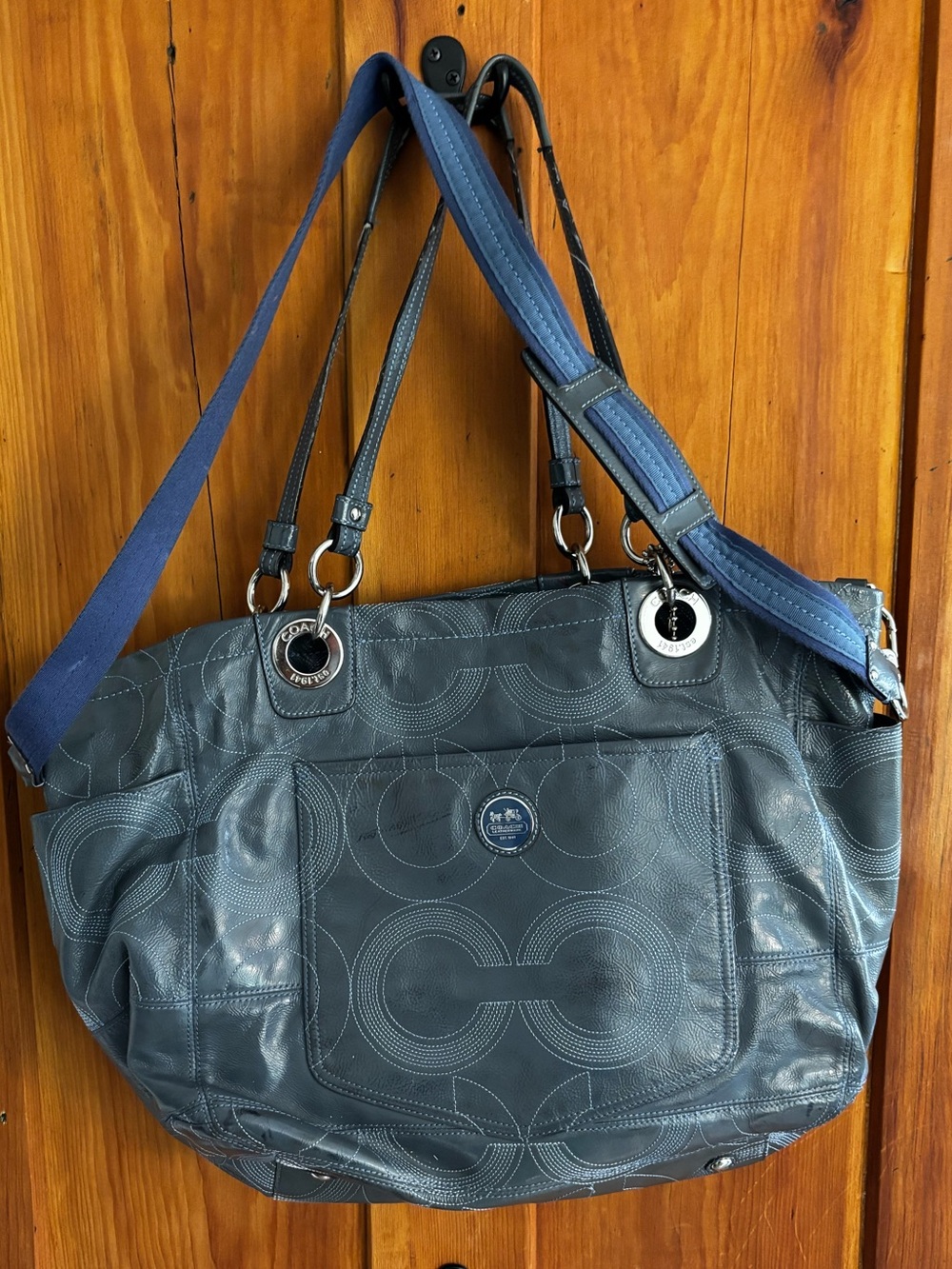 Coach gray/blue Blue Leather Tote with Signature Circular Stitching